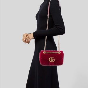 GUCCI-Velvet Matelasse Small GG Marmont Shoulder Bag Hibiscus Red-NWT-